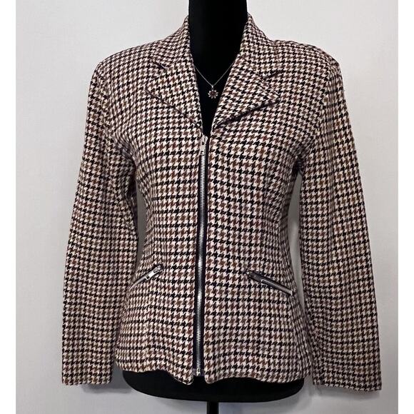 Vtg Y2K Tweed Houndstooth Blazer Jacket Wool Womens Small Zip Pocket Preppy - Picture 1 of 15